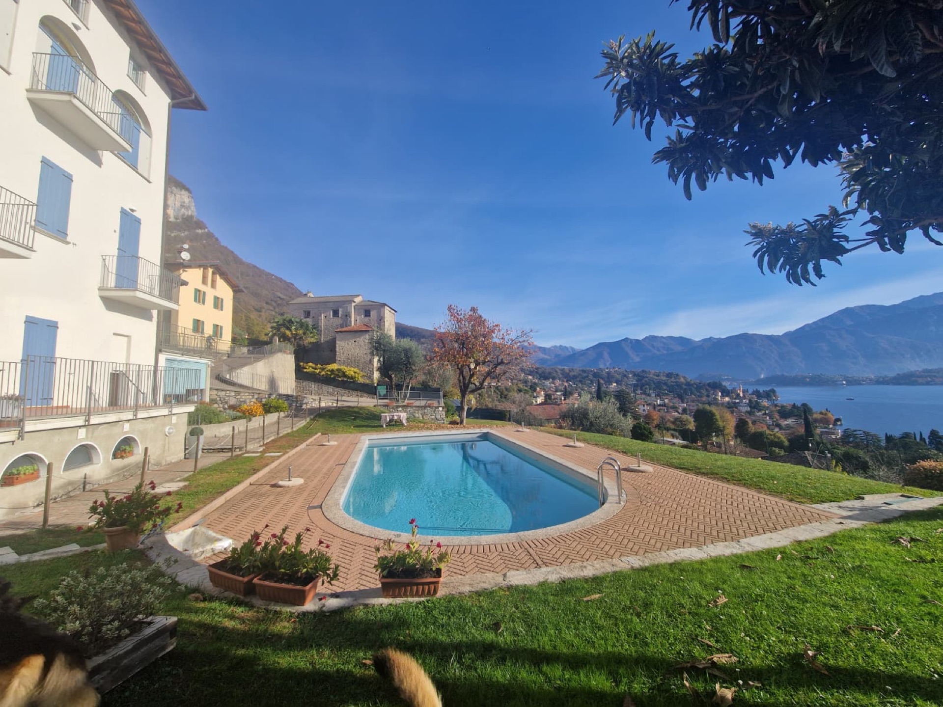 Villa con piscina e vista panoramica sul Lago di Como e sulle montagne della Tremezzina sotto un cielo terso.